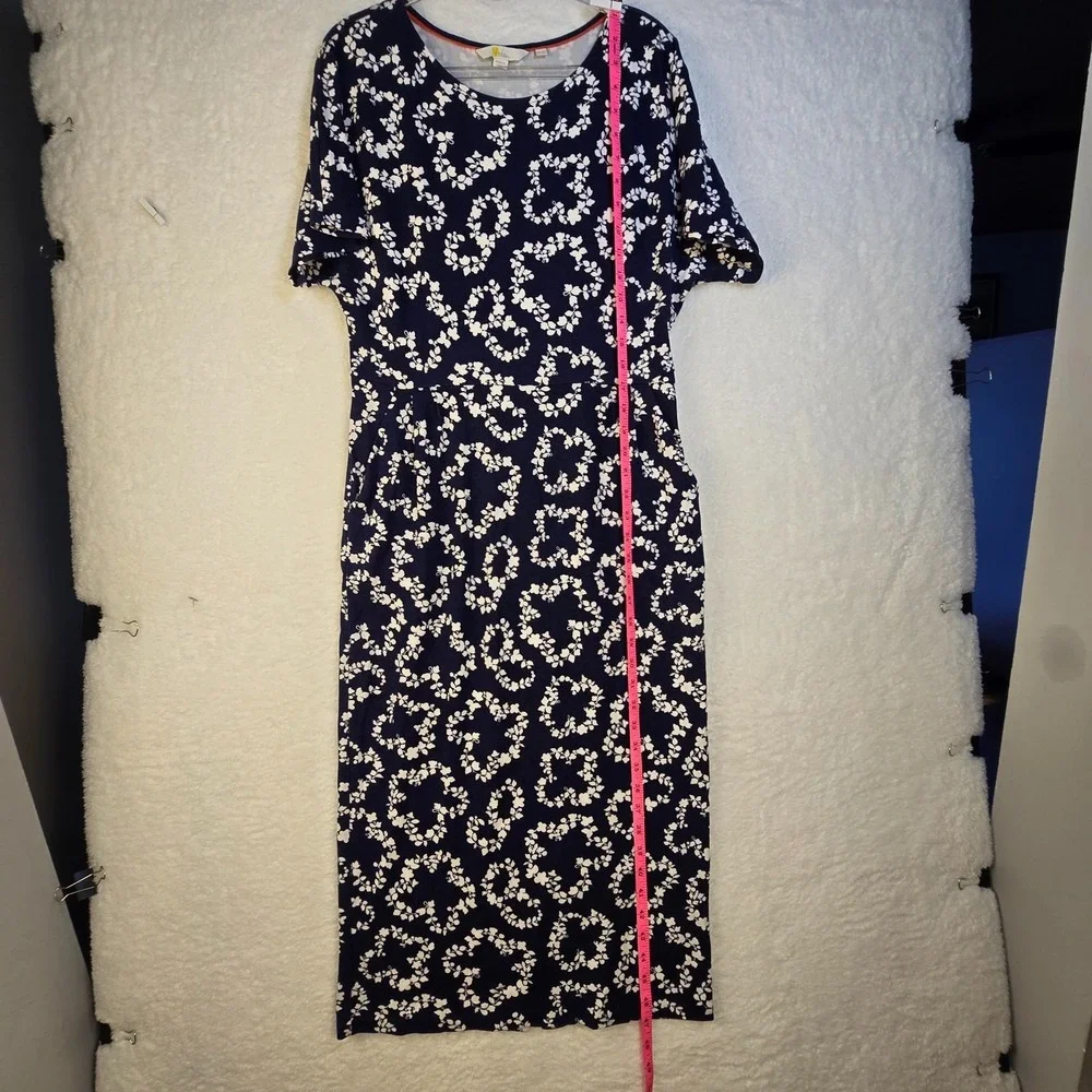 Boden Soft Jersey Navy Midi Dress Sz 10R Boho Comfort Celestial Coastal Tropical
